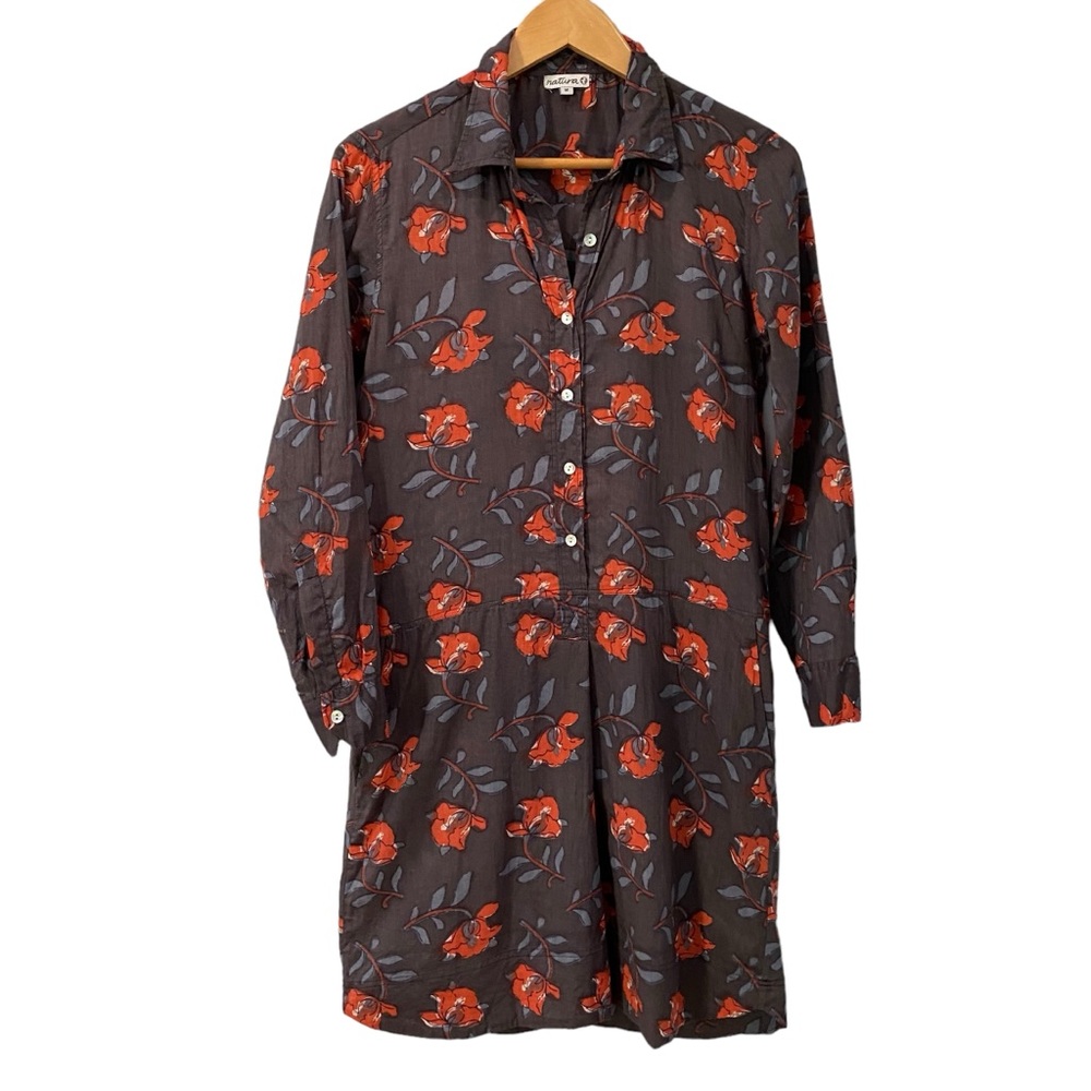 Natura Brown Floral Long Sleeve Short Button Up Cotton Pockets Shirt Dress S-M